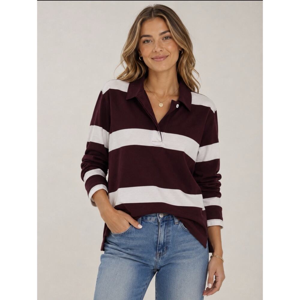 Madewell Rugby Shirt Women Small Oversized Burgundy Ivory Stripe Long Sleeve NWT